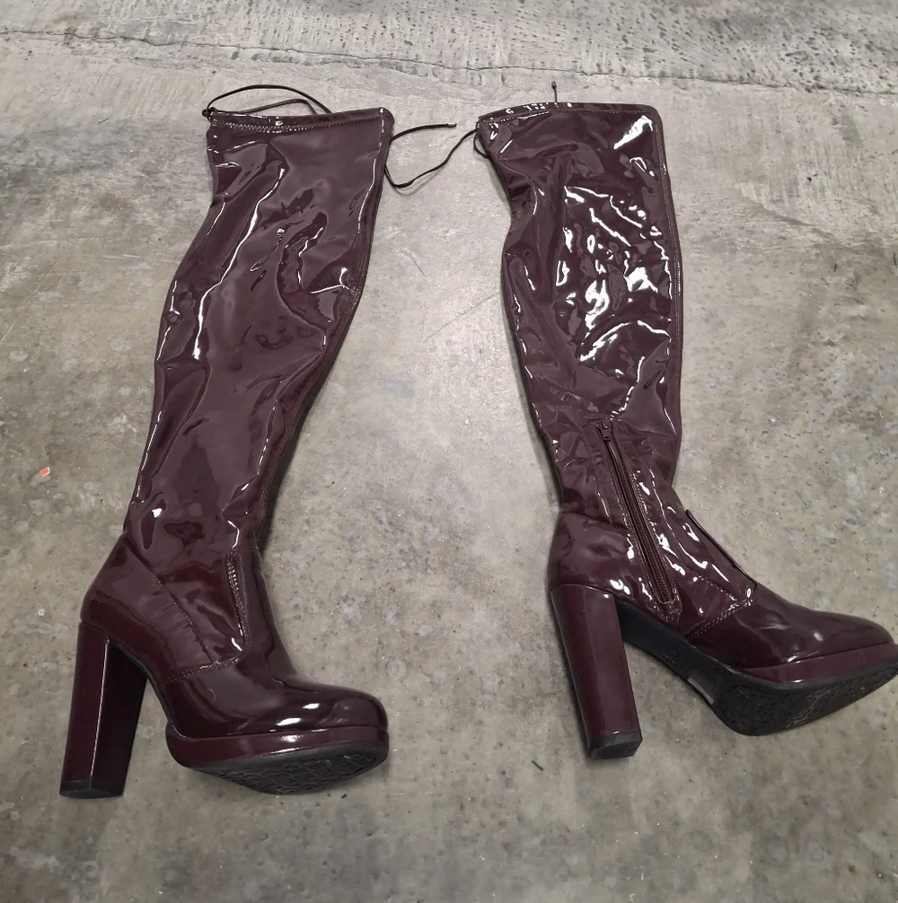 Gianni Bini Over the Knee Burgundy Patent Boots